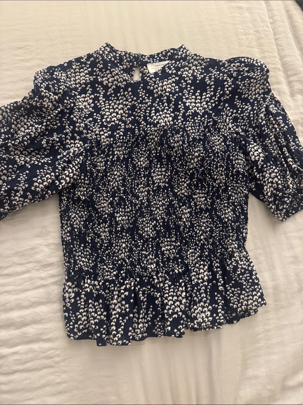& Other Stories Navy Floral Puff Sleeve Smocked Peasant Blouse